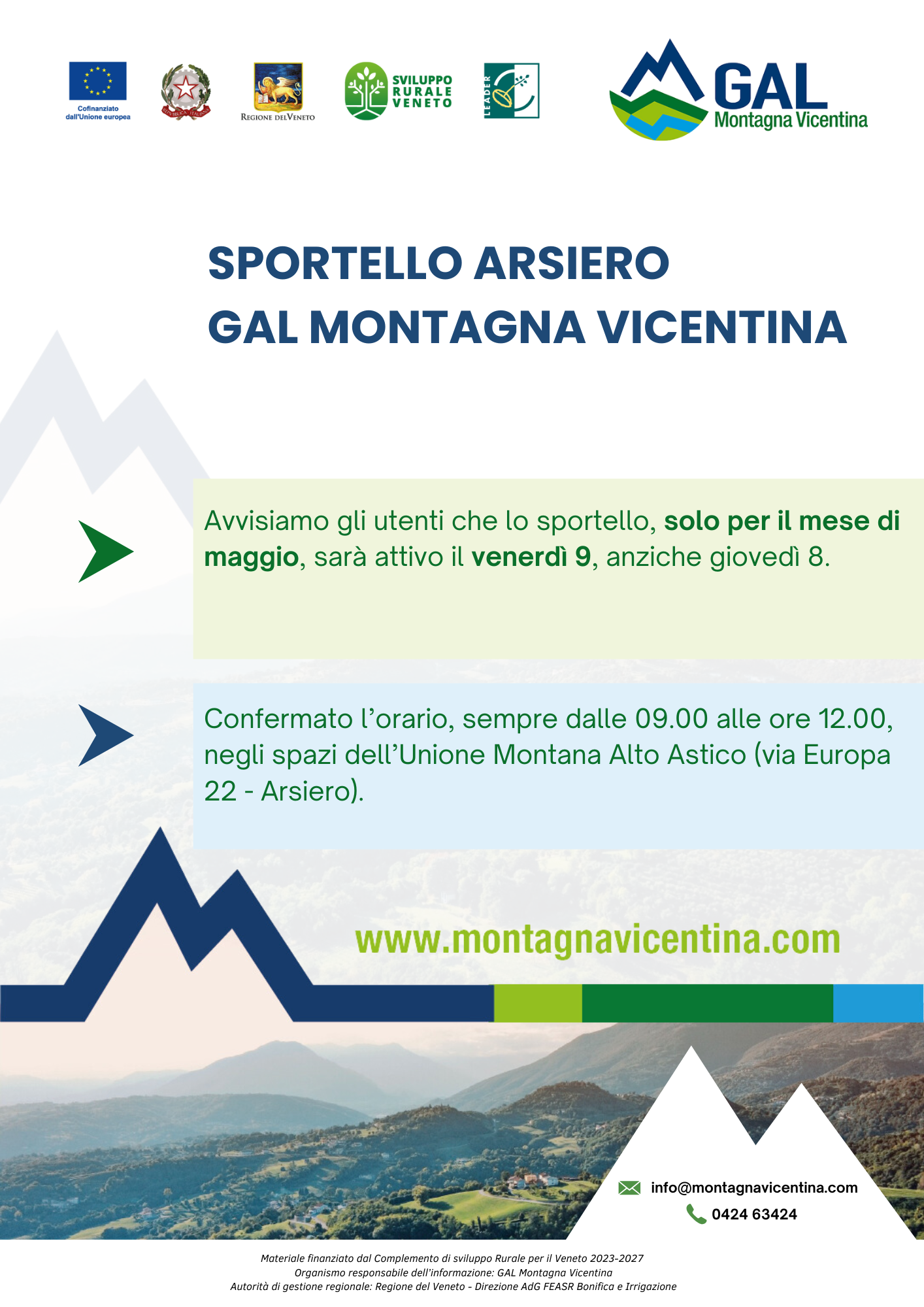 Sportello Arsiero: cambio data per il mese di maggio